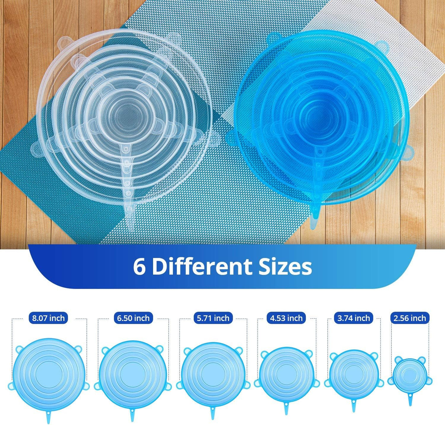 Silicone Stretch Lids, Zero Waste Reusable Silicon Container Lid Covers for Leftover Food Fruit Bowls Pots Cups Jars Dishes (6PCS, Blue)