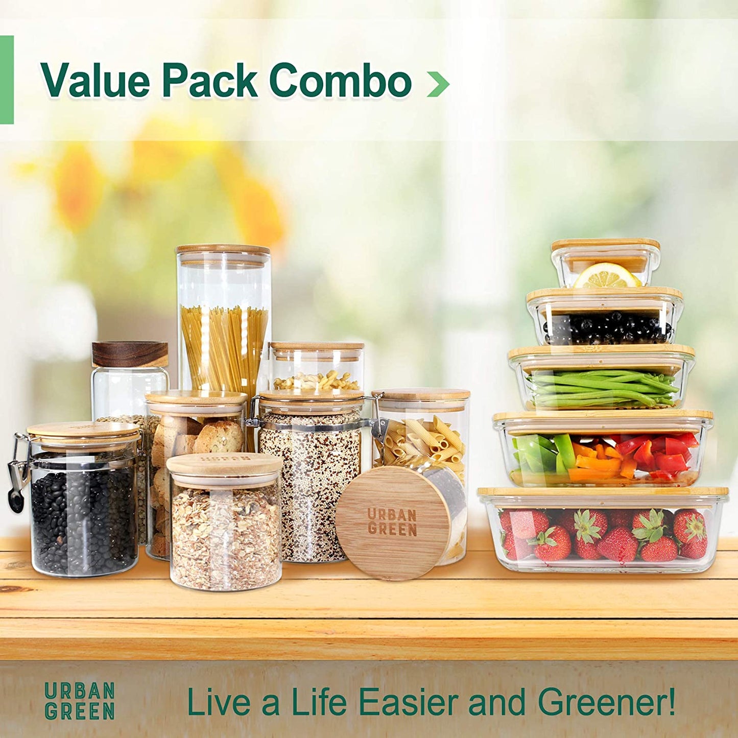 Glass Jars with Bamboo Lids, Glass Airtight Canisters Sets, Food Storage Container, Pantry Organization and Storage Jars, Kitchen Canisters Sets, Flour Containers of 6