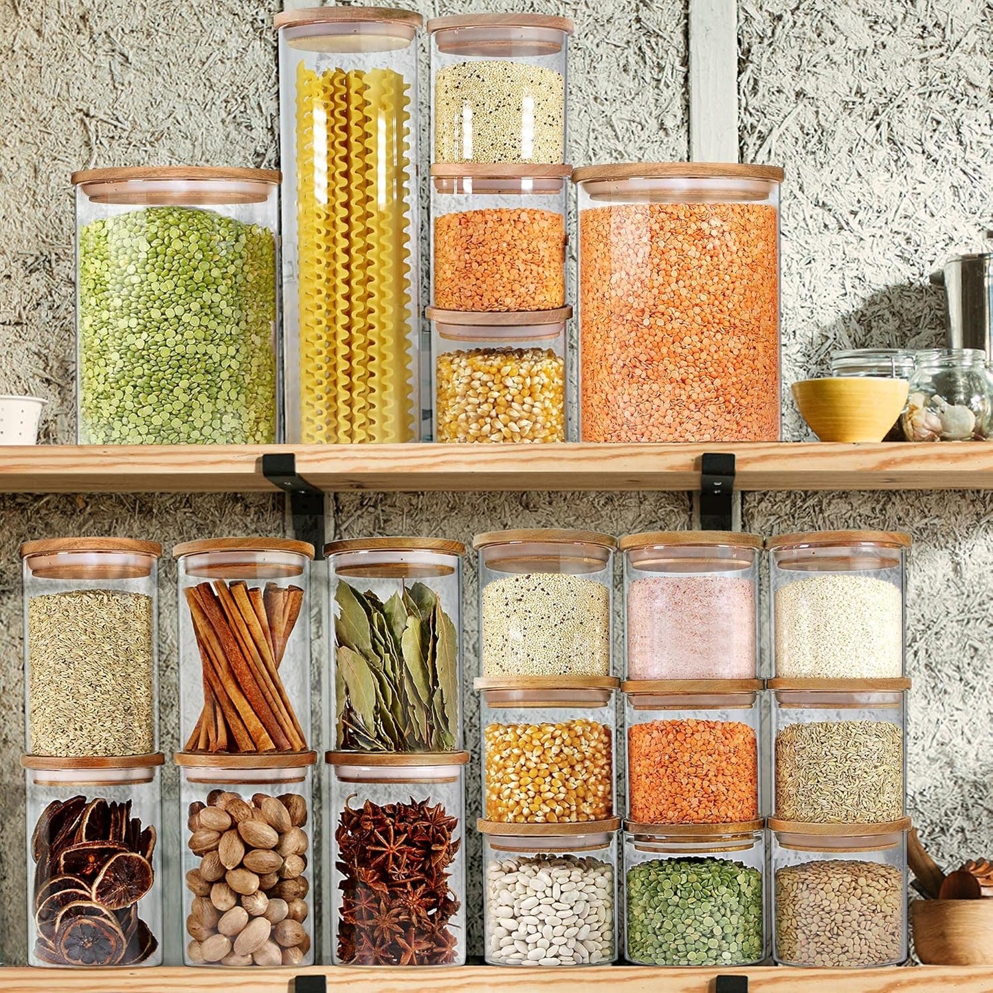 2 Pack of 100Oz Glass Food Storage Containers, Flour Containers with Airtight Lids, Large Glass Storage Containers with Wood Lids, Rectangular, Rustic Modern