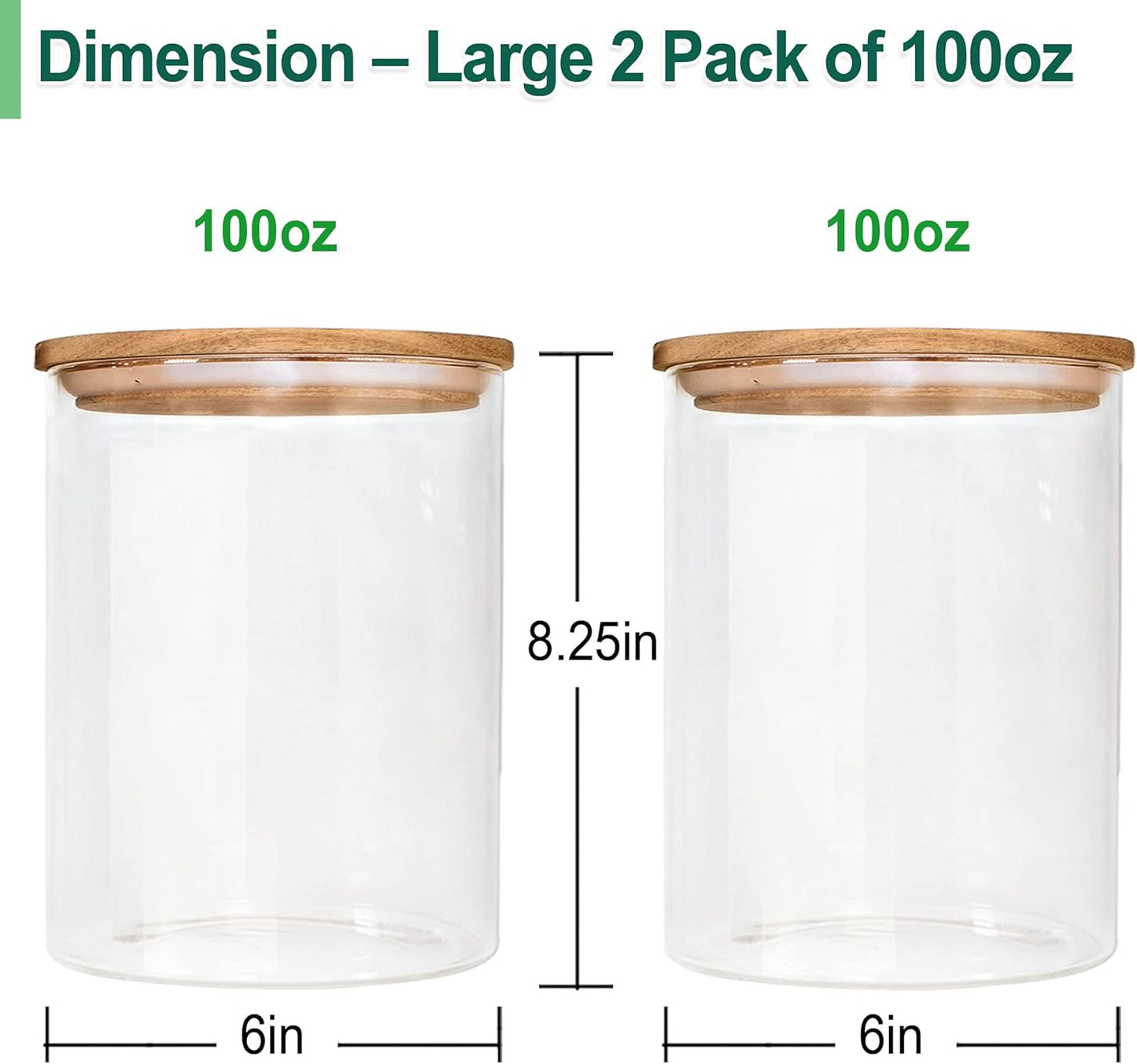 2 Pack of 100Oz Glass Food Storage Containers, Flour Containers with Airtight Lids, Large Glass Storage Containers with Wood Lids, Rectangular, Rustic Modern