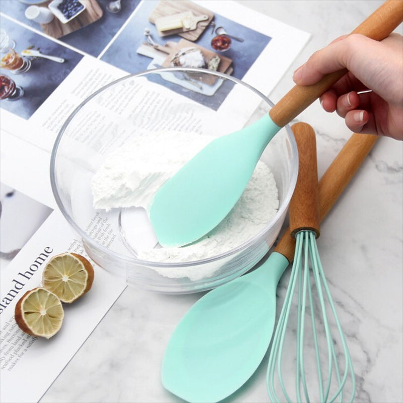 12 Piece Kitchen Cooking Utensil Set Silicone Wood Heat Resistant Kitchenware