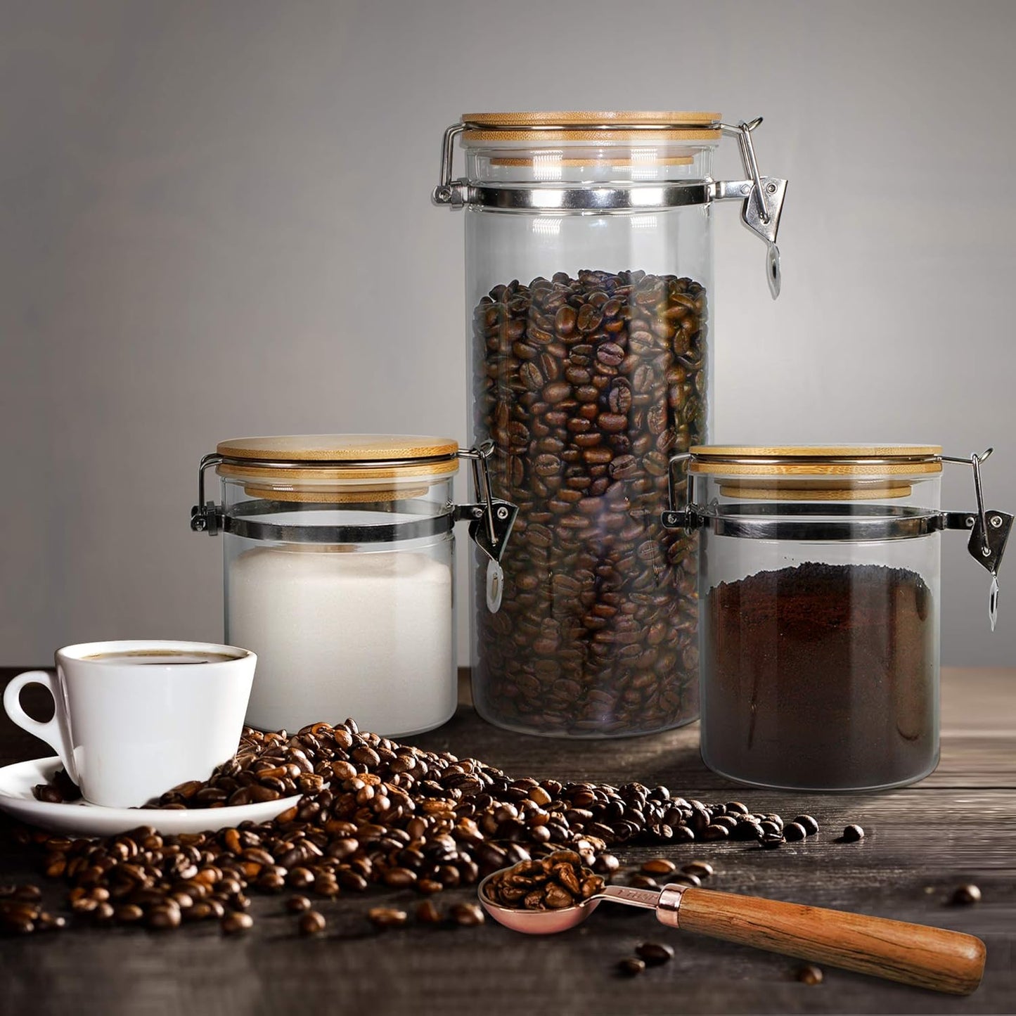 Borosilicate Glass Storage Jars with Airtight Locking Clamp Lids, Airtight Canister Set,Coffee Set of 3 with Spoon (50Oz, 24Oz, 18Oz), Storage Containers with Bamboo Lid