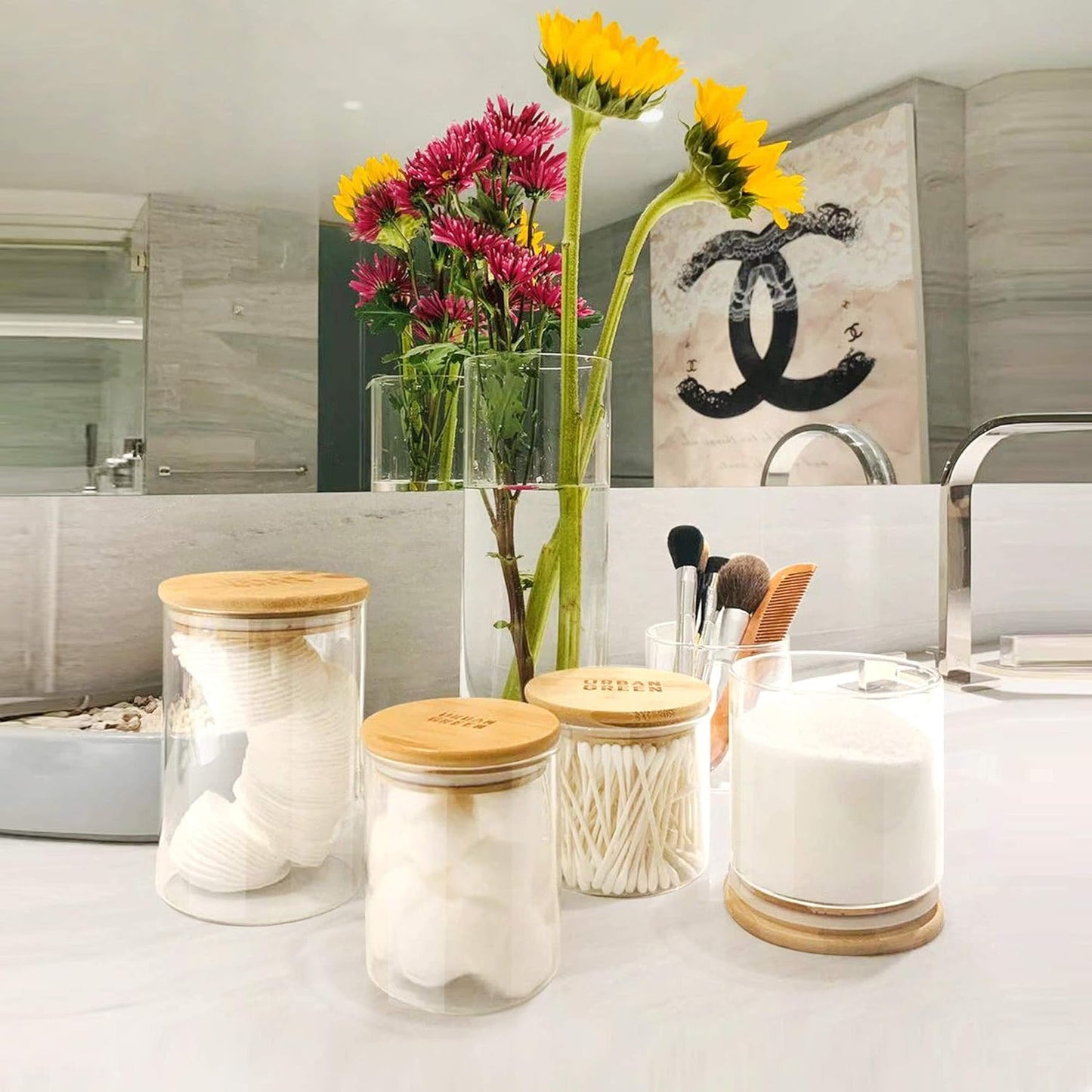Glass Jars with Bamboo Lids, Glass Airtight Canisters Sets, Food Storage Container, Pantry Organization and Storage Jars, Kitchen Canisters Sets, Flour Containers of 6
