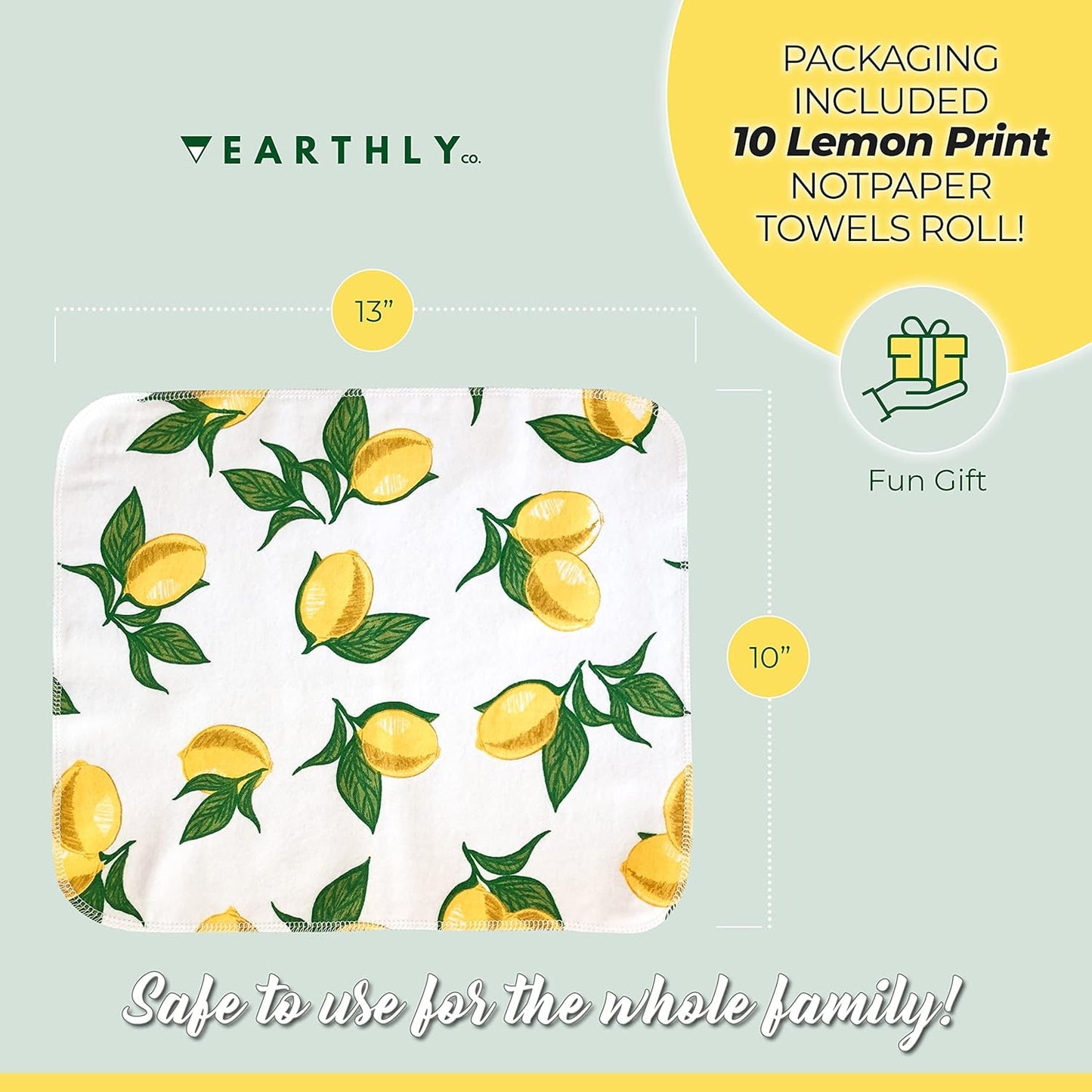 Reusable Paper Towels - 10 Pack - Roll of Washable Cotton Cloth Paper Towels - Paperless Reusable Napkins Cloth Washable - Absorbent + Long Lasting - Zero Waste Products - (Lemon)