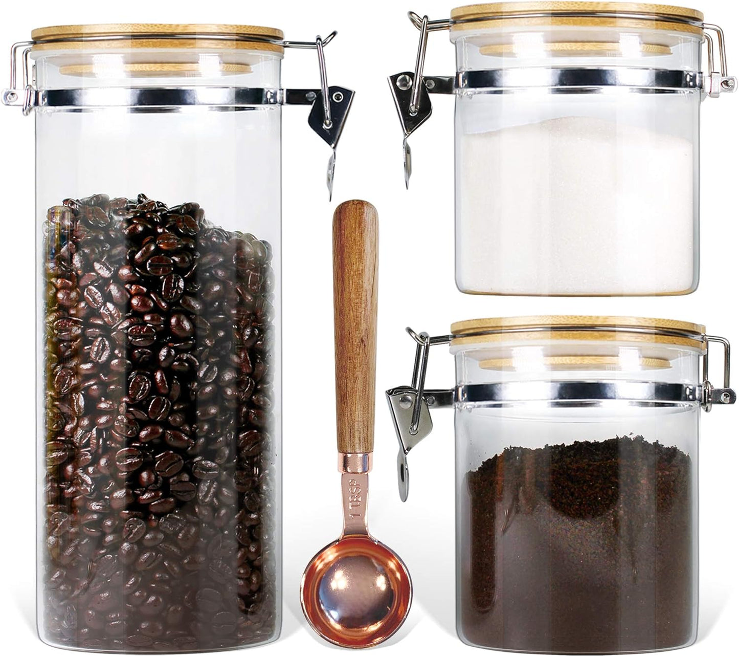 Borosilicate Glass Storage Jars with Airtight Locking Clamp Lids, Airtight Canister Set,Coffee Set of 3 with Spoon (50Oz, 24Oz, 18Oz), Storage Containers with Bamboo Lid