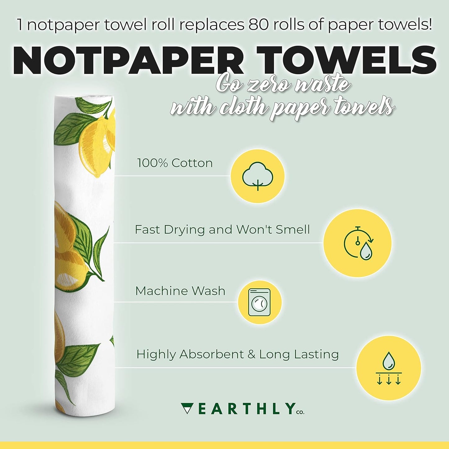 Reusable Paper Towels - 10 Pack - Roll of Washable Cotton Cloth Paper Towels - Paperless Reusable Napkins Cloth Washable - Absorbent + Long Lasting - Zero Waste Products - (Lemon)