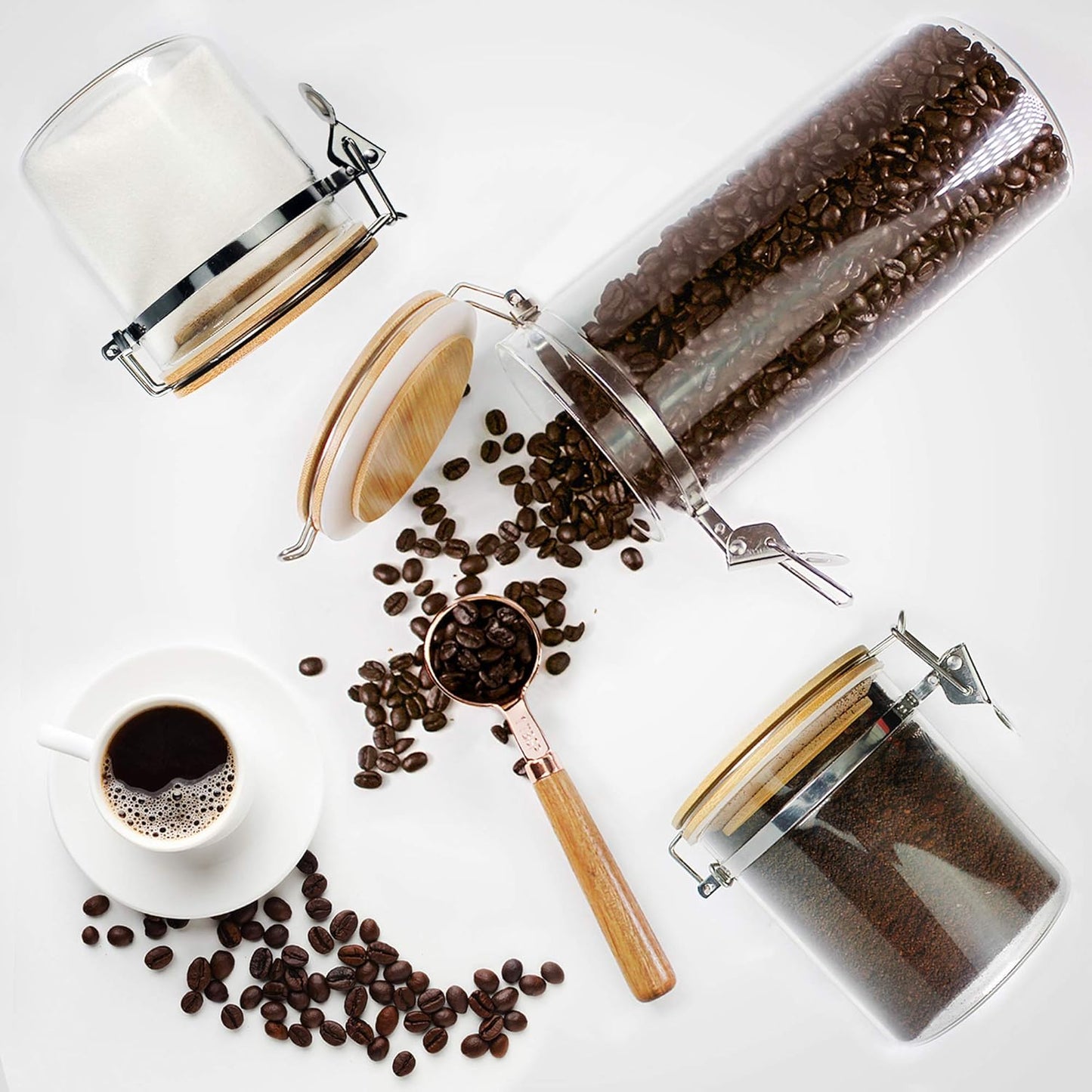 Borosilicate Glass Storage Jars with Airtight Locking Clamp Lids, Airtight Canister Set,Coffee Set of 3 with Spoon (50Oz, 24Oz, 18Oz), Storage Containers with Bamboo Lid