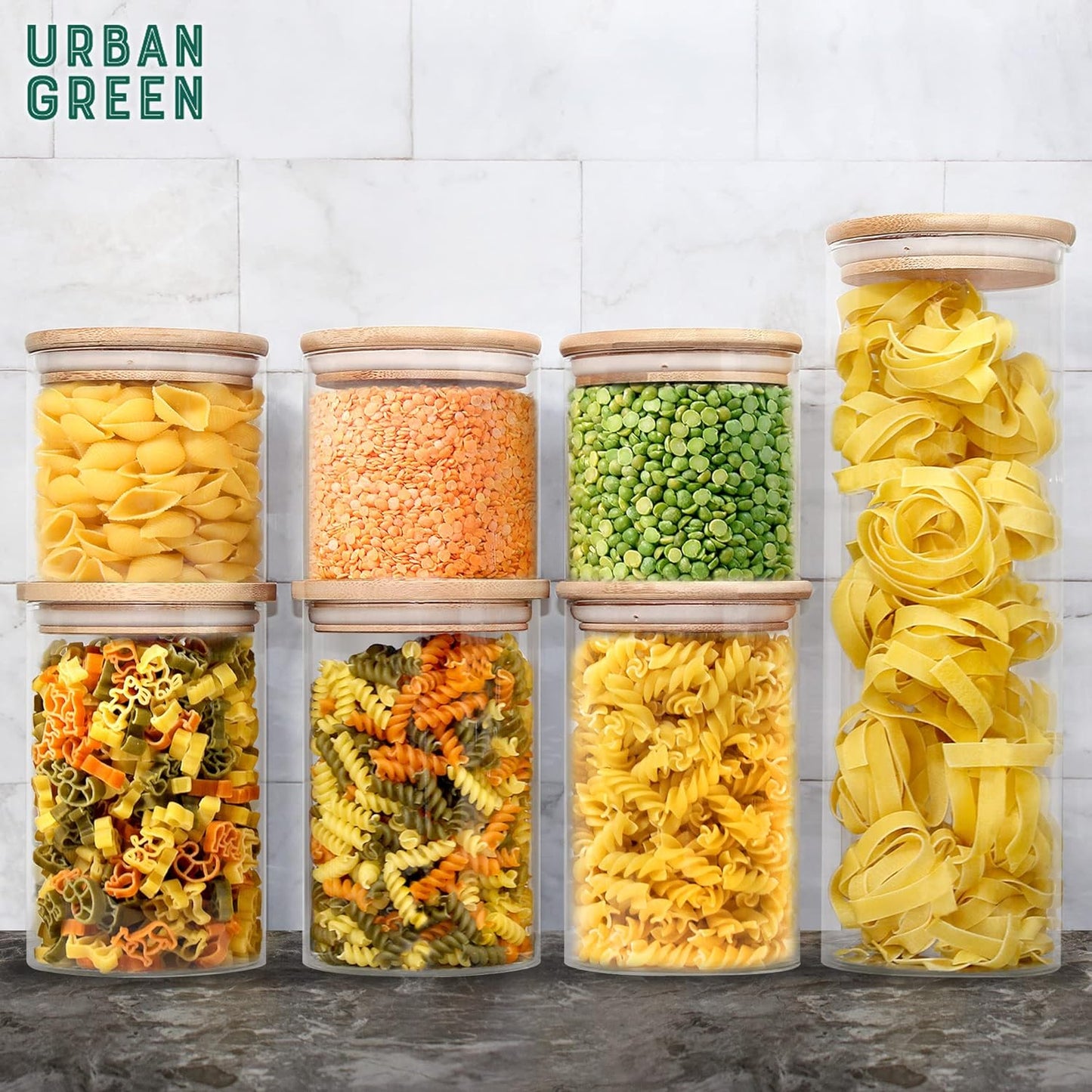 Glass Jars with Bamboo Lids, Glass Airtight Canisters Sets, Food Storage Container, Pantry Organization and Storage Jars, Kitchen Canisters Sets, Flour Containers of 6