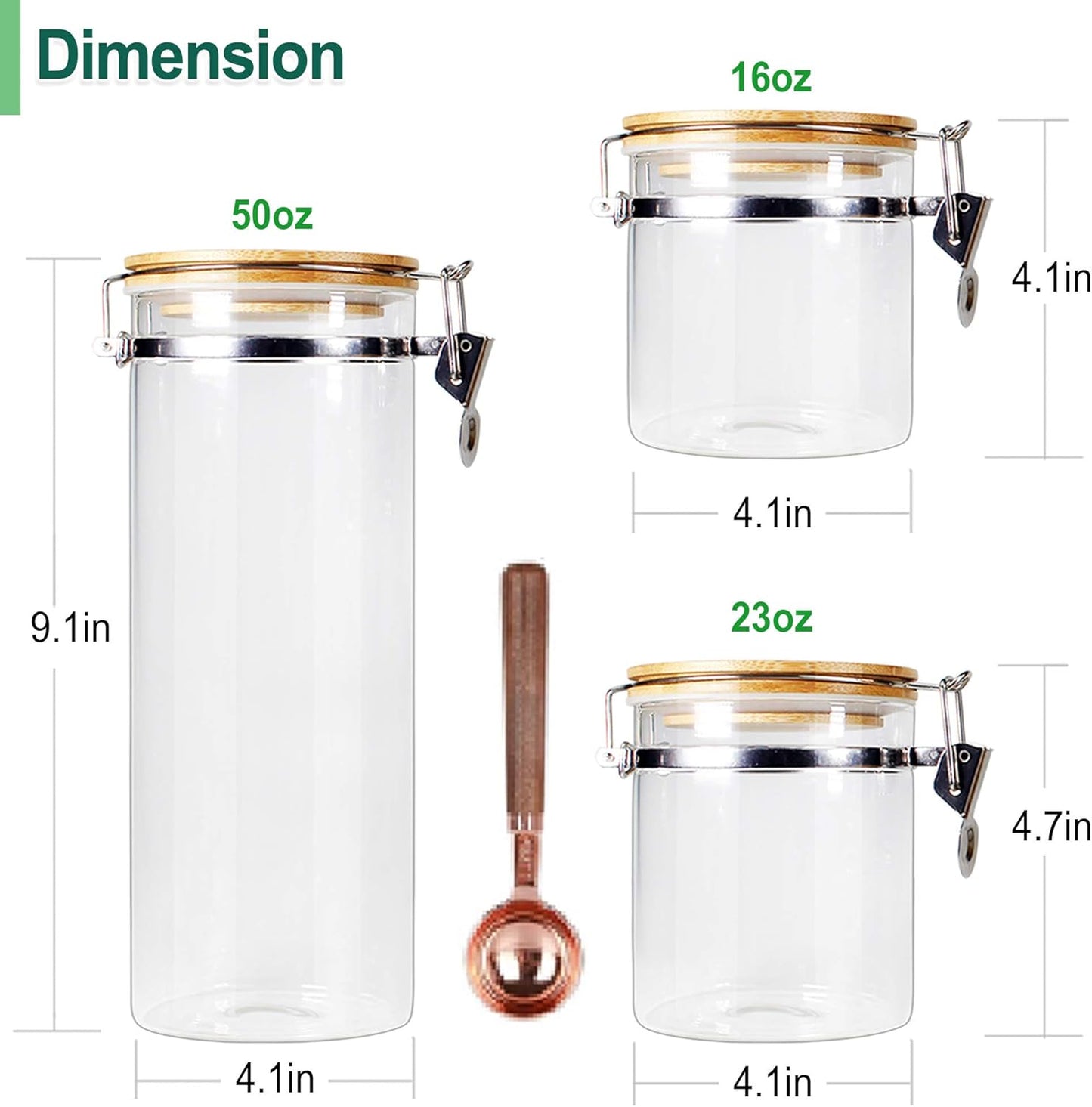 Borosilicate Glass Storage Jars with Airtight Locking Clamp Lids, Airtight Canister Set,Coffee Set of 3 with Spoon (50Oz, 24Oz, 18Oz), Storage Containers with Bamboo Lid