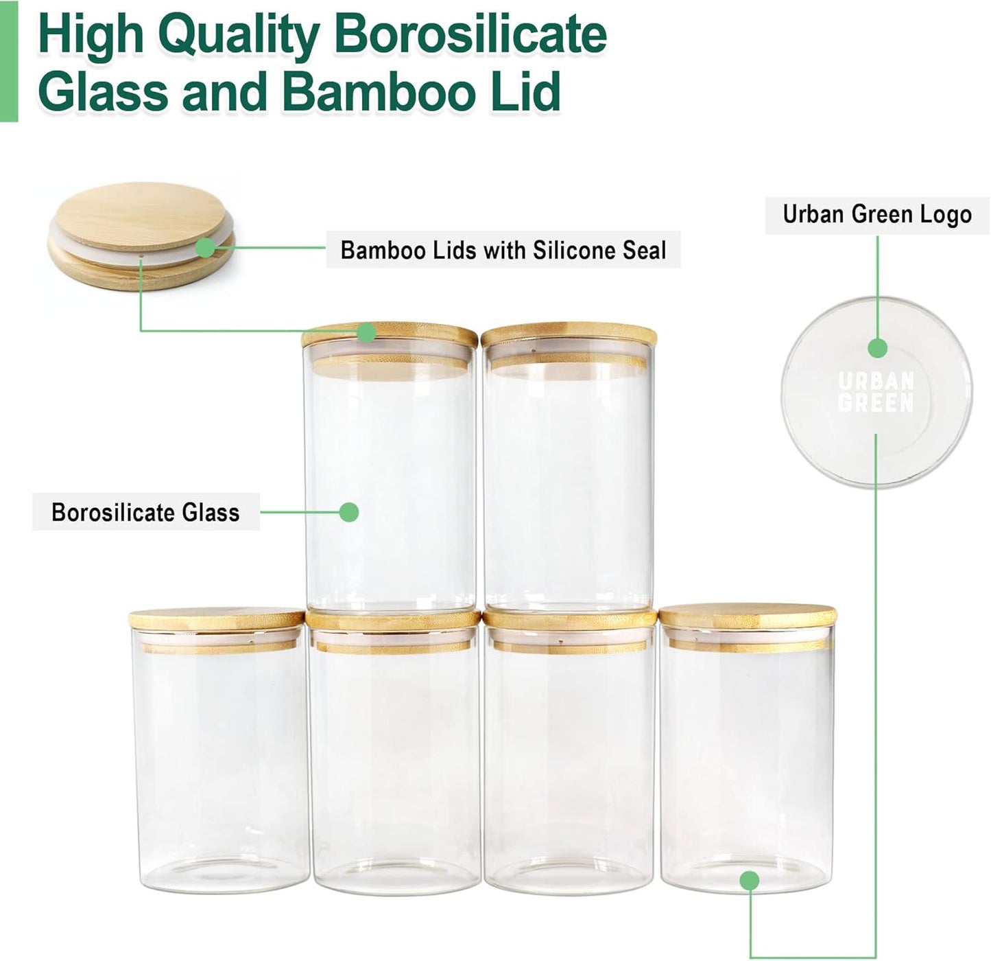 Glass Jars with Bamboo Lids, Glass Airtight Canisters Sets, Food Storage Container, Pantry Organization and Storage Jars, Kitchen Canisters Sets, Flour Containers of 6
