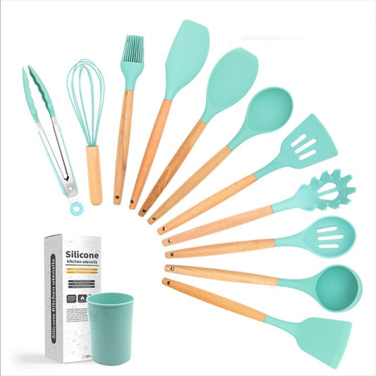 12 Piece Kitchen Cooking Utensil Set Silicone Wood Heat Resistant Kitchenware