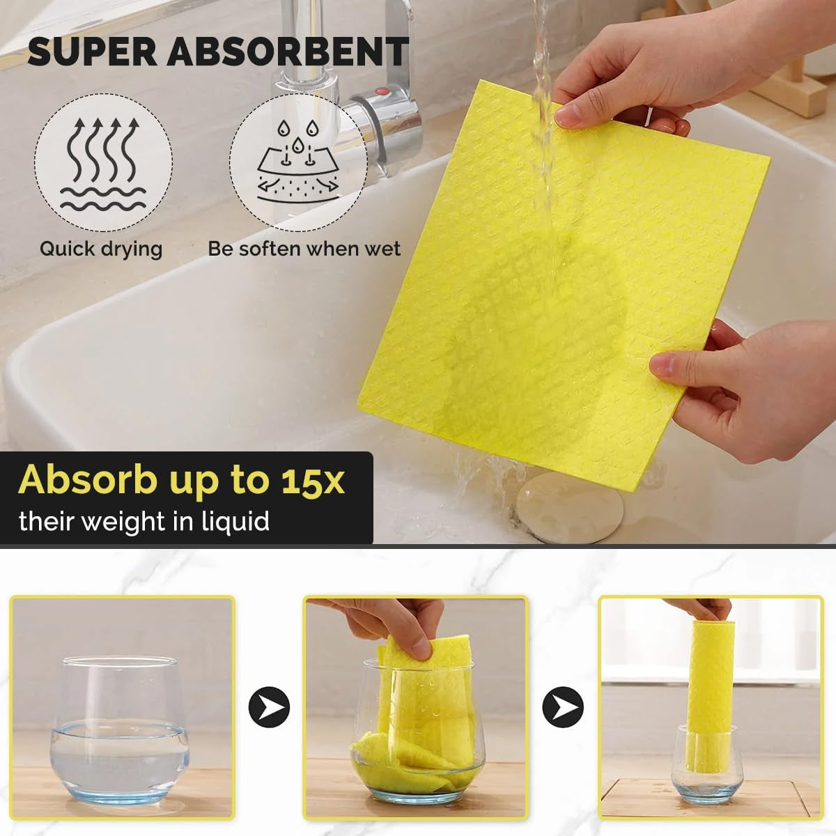 Swedish Dish Cloth Towels, 4 Pack - Reusable Dish Cloths Wipes for Kitchen - Eco-Friendly Cellulose Sponge - Multi-Purpose Cleaning Washcloths for Tiles, Electronic, Glass, Metal, Vehicles & More