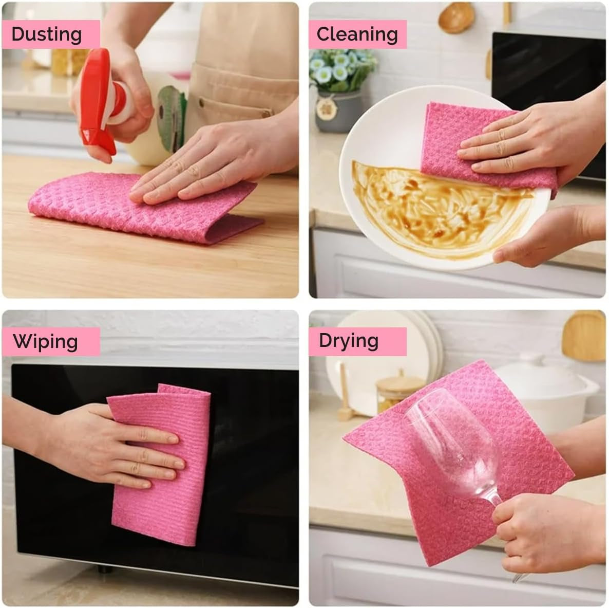 Swedish Dish Cloth Towels, 4 Pack - Reusable Dish Cloths Wipes for Kitchen - Eco-Friendly Cellulose Sponge - Multi-Purpose Cleaning Washcloths for Tiles, Electronic, Glass, Metal, Vehicles & More