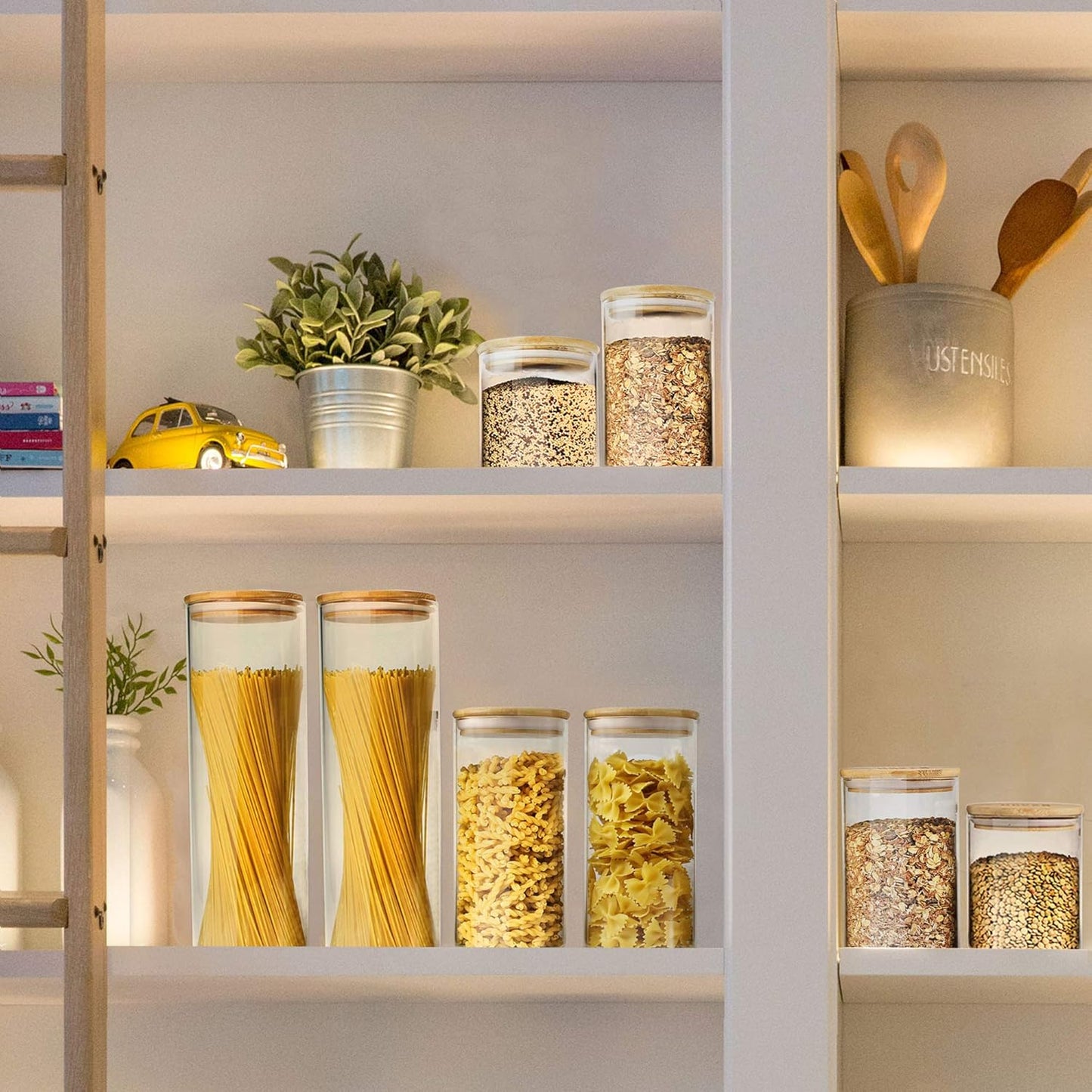 Glass Jars with Bamboo Lids, Glass Airtight Canisters Sets, Food Storage Container, Pantry Organization and Storage Jars, Kitchen Canisters Sets, Flour Containers of 6