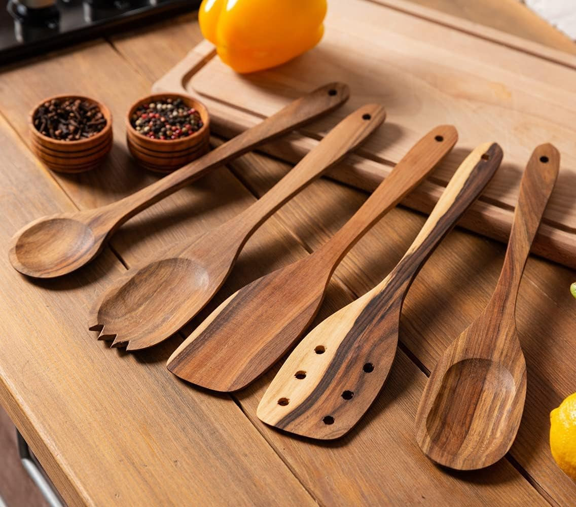 Walnut Handmade Wooden Spoons Heavy Duty Spatula Short Angled - 5Pcs Cooking Flat Walnut Cooking Utensils Serving Set - Hard Stick Fufu Wooden Spoon - Strong Solid Premium Wooden Spoons Small Flat