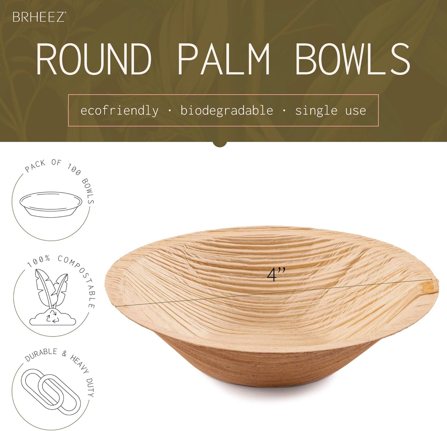 Palm Leaf Bowls 100 Pack 4 Inch - Eco Friendly Compostable & Biodegradable – Elegant Bamboo Look Disposable Bowls Are Heavy Duty and More Environmentally Friendly than Paper Bowls