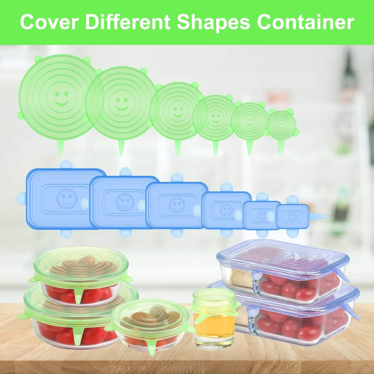 Silicone Stretch Lids for Food Storage in Fridge, 12 Pack Silicone Lids, Reusable Food Grade Silicone Bowl Covers for Cups, Bowls and Dish, 6 Sizes round and Rectangle Shape
