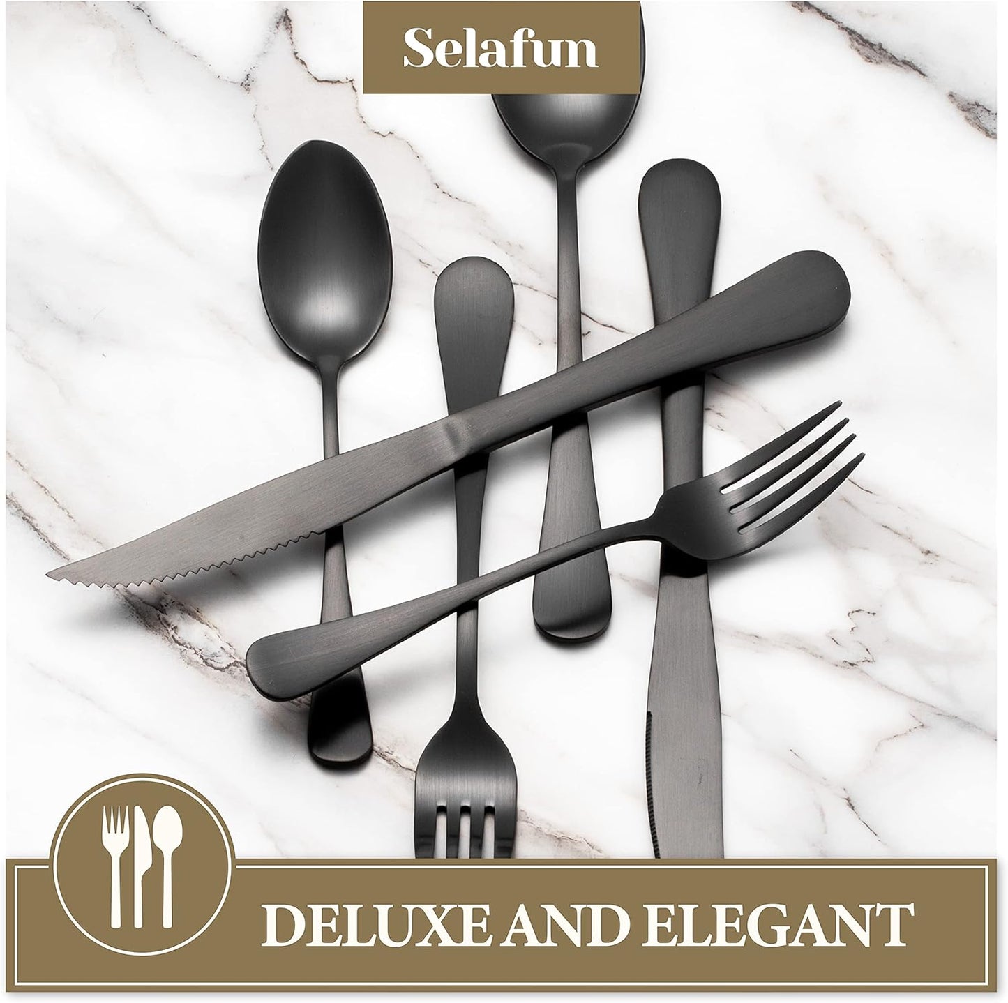 24 Piece Matte Black Flatware Set.Stainless Steel Matte Black Silverware Set Titanium Plating Tableware Cutlery Set. Utensil Set for Kitchens. Dishwasher Safe(Service for 4)