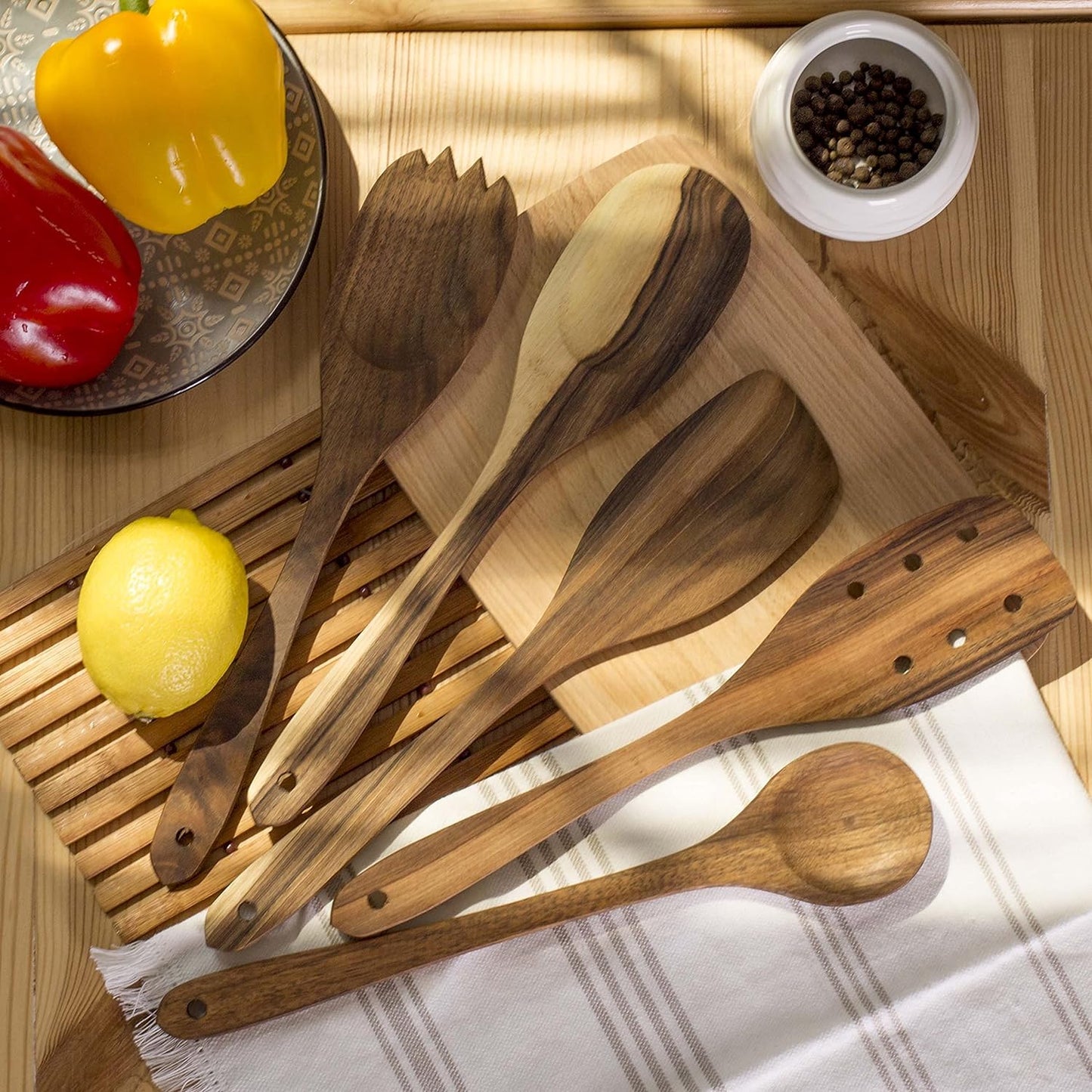 Walnut Handmade Wooden Spoons Heavy Duty Spatula Short Angled - 5Pcs Cooking Flat Walnut Cooking Utensils Serving Set - Hard Stick Fufu Wooden Spoon - Strong Solid Premium Wooden Spoons Small Flat