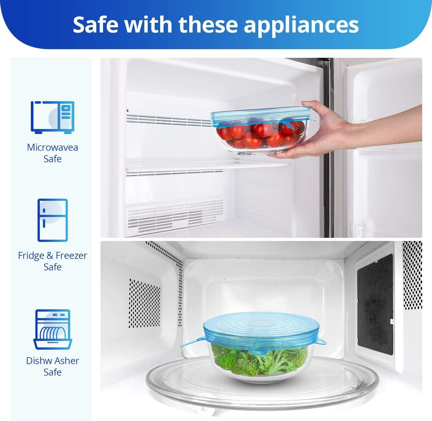 Silicone Stretch Lids, Zero Waste Reusable Silicon Container Lid Covers for Leftover Food Fruit Bowls Pots Cups Jars Dishes (6PCS, Blue)