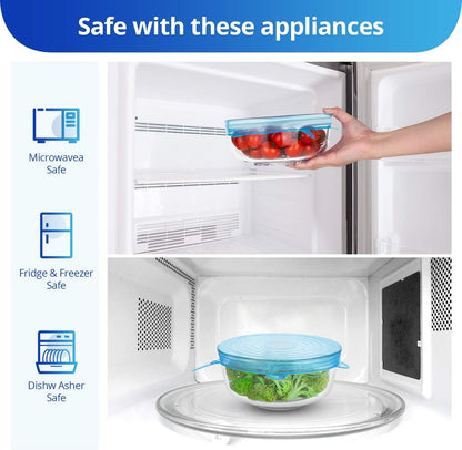 Silicone Stretch Lids, Zero Waste Reusable Silicon Container Lid Covers for Leftover Food Fruit Bowls Pots Cups Jars Dishes (6PCS, Blue)