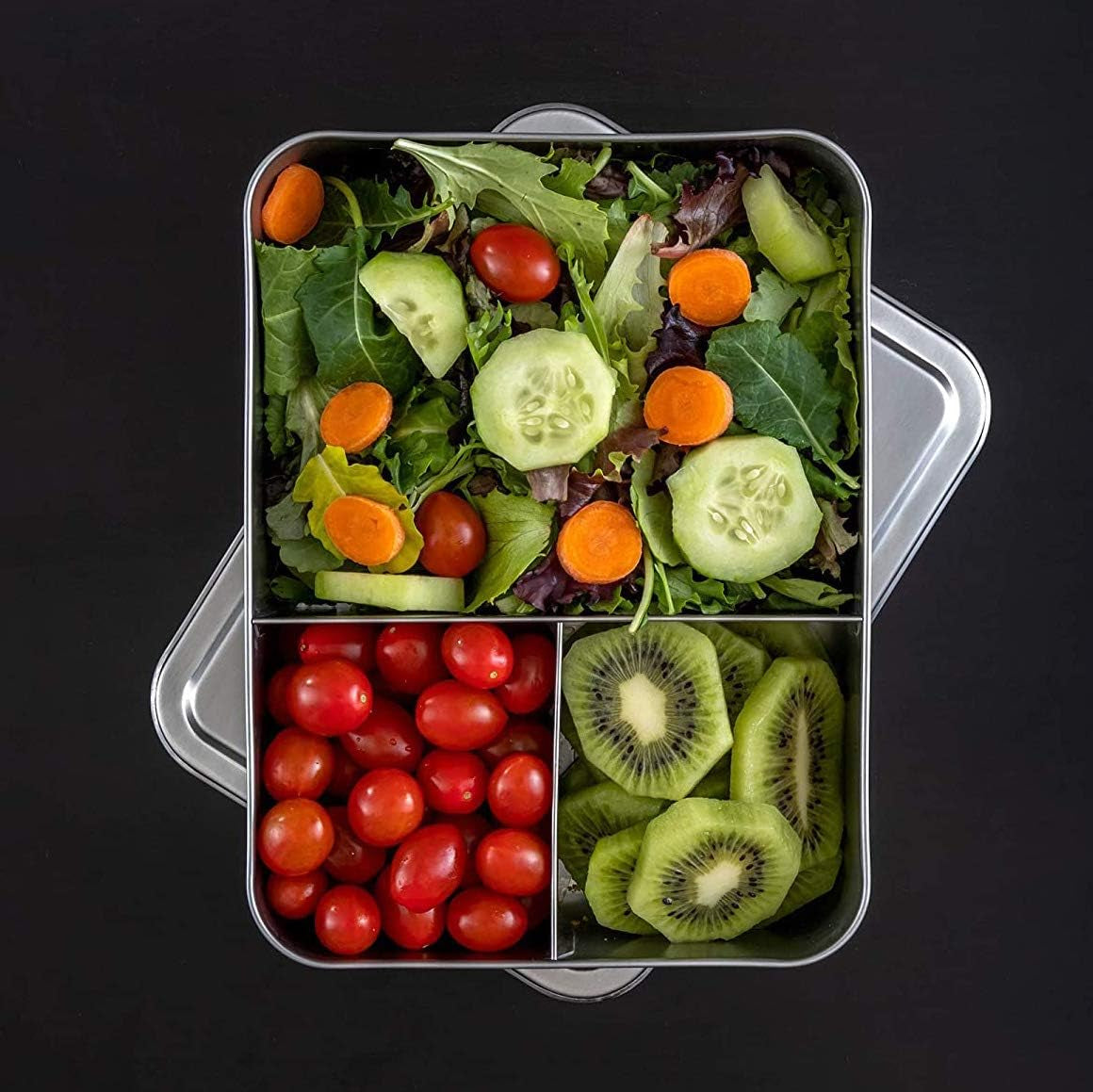 18/8 Stainless Steel Bento Box (Large) - 3 Compartment Metal Lunch Box, Skid-Proof Silicone, for Kids & Adults, Bonus Dip Container, Fits in Lunch & Work Bags, Dishwasher & Freezer Friendly