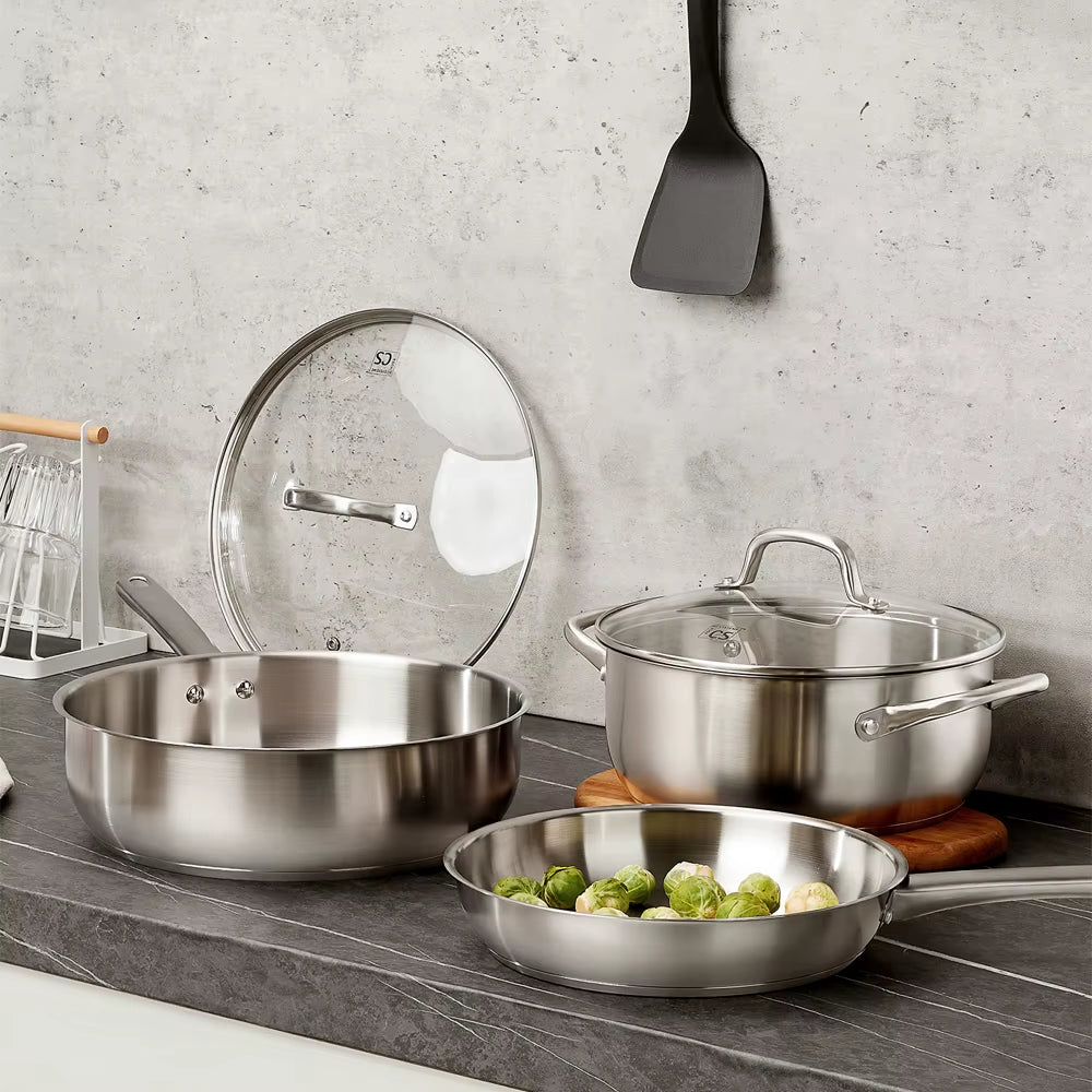 Stainless Steel Cookware Set 10Pcs, All Stoves Compatible, Stainless Steel Saucepan Stockpot and Frying Pan, Oven Safe