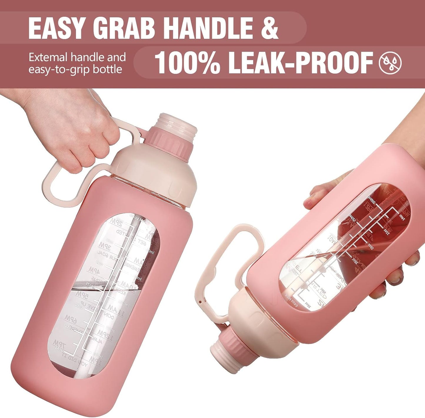 64Oz Glass Water Bottles with Straw, Half Gallon Water Jug with Time Marker, Sports Large Motivational Bottle with Silicone Sleeve, Pink