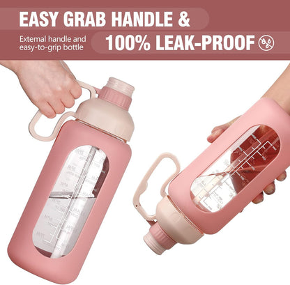 64Oz Glass Water Bottles with Straw, Half Gallon Water Jug with Time Marker, Sports Large Motivational Bottle with Silicone Sleeve, Pink