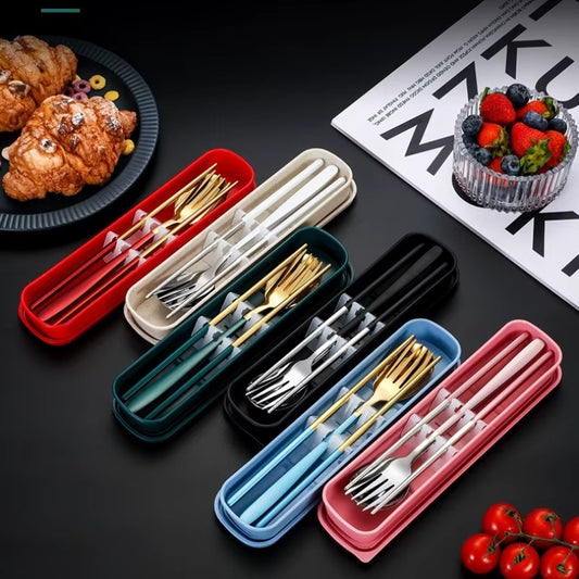 Portable Stainless Steel Utensil Set - 3-Piece Spoon, Fork, Chopsticks for Travel, Camping, School Lunch, Korean Style Dining Ki