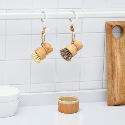 Bubble up Bamboo Dish Brush Set with Soap Holder, Wooden Dish Scrubber with Soap Dispenser, Natural Kitchen Scrub Brush, Washing Pot/Pans/Cast Iron, 2 Pack, Sisal + Coconut Palm Bristles