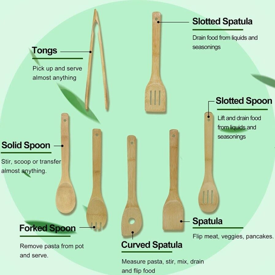 Spurtle Kitchen Tools Set Spatula Cooking Utensils 7 Piece Bamboo Wooden Set NEW