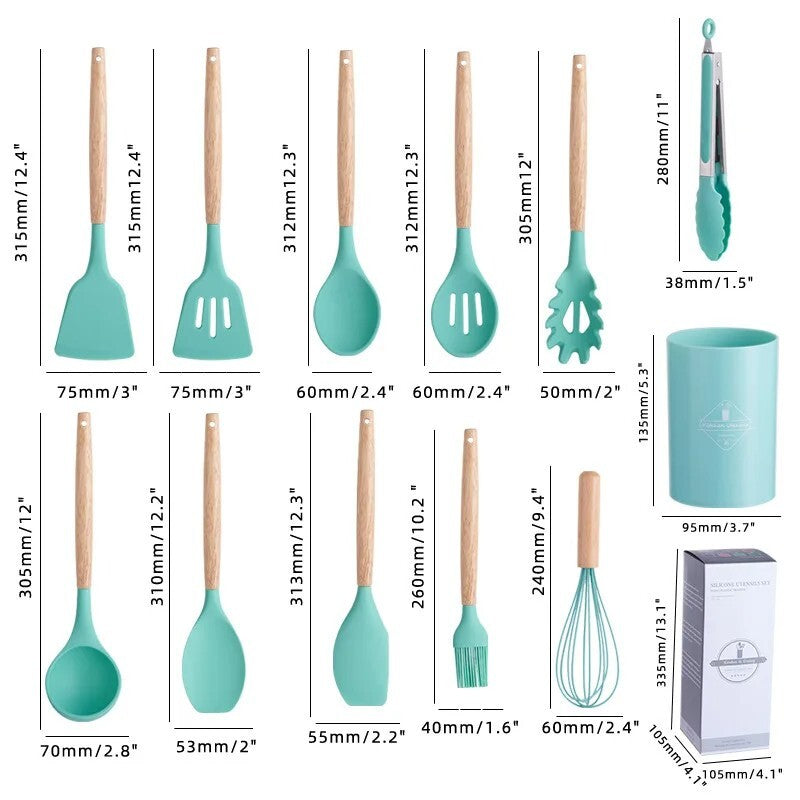 12 Piece Kitchen Cooking Utensil Set Silicone Wood Heat Resistant Kitchenware