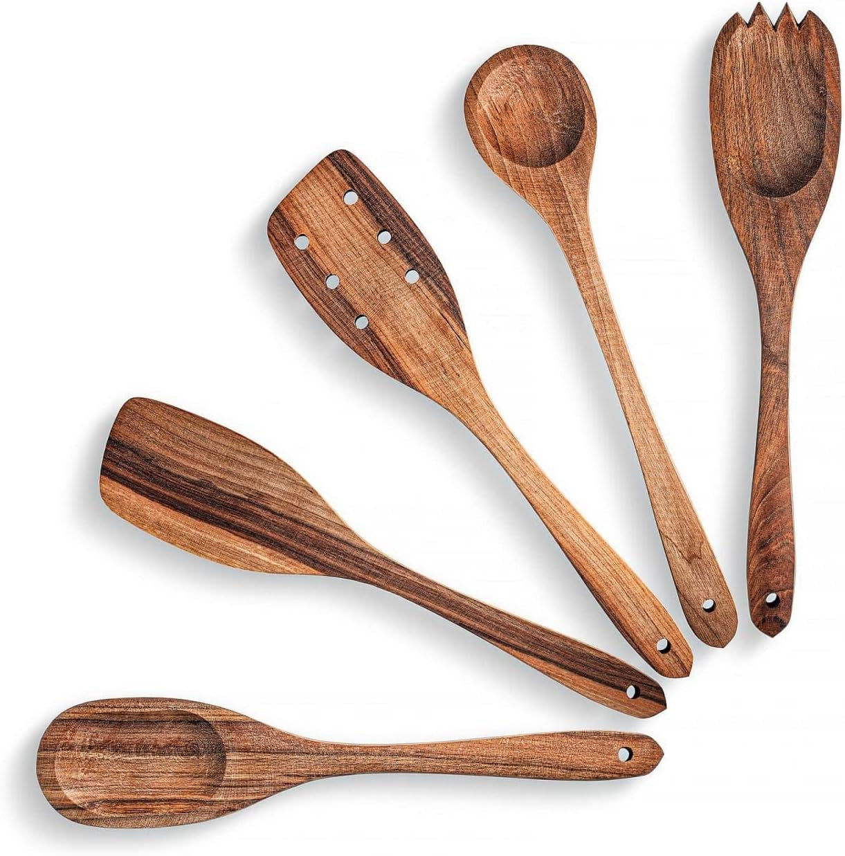 Walnut Handmade Wooden Spoons Heavy Duty Spatula Short Angled - 5Pcs Cooking Flat Walnut Cooking Utensils Serving Set - Hard Stick Fufu Wooden Spoon - Strong Solid Premium Wooden Spoons Small Flat