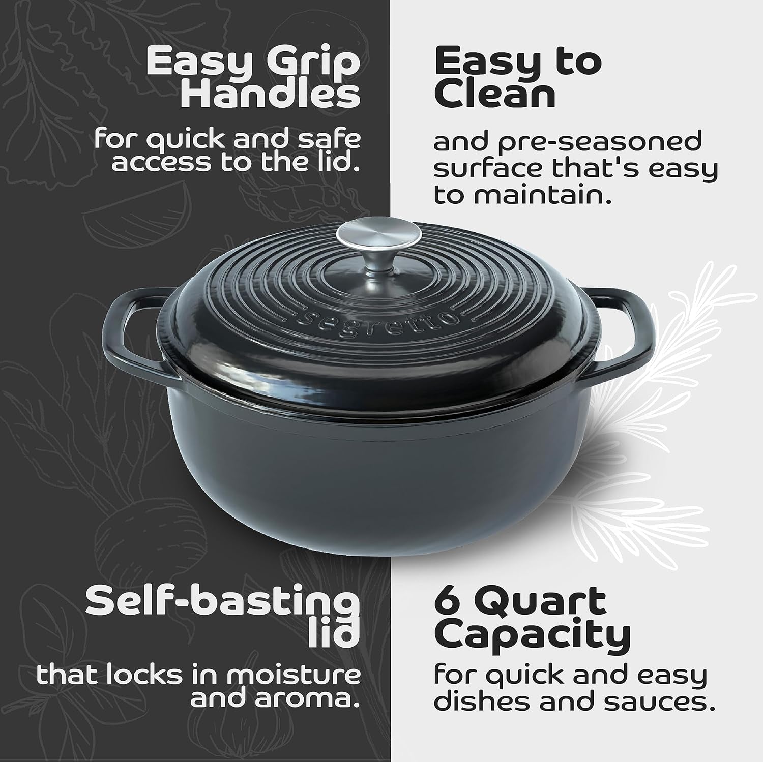 Enameled Cast Iron Dutch Oven, 6 Quarts, Black