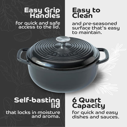 Enameled Cast Iron Dutch Oven, 6 Quarts, Black