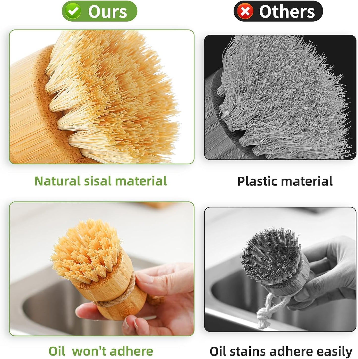 Bubble up Bamboo Dish Brush Set with Soap Holder, Wooden Dish Scrubber with Soap Dispenser, Natural Kitchen Scrub Brush, Washing Pot/Pans/Cast Iron, 2 Pack, Sisal + Coconut Palm Bristles