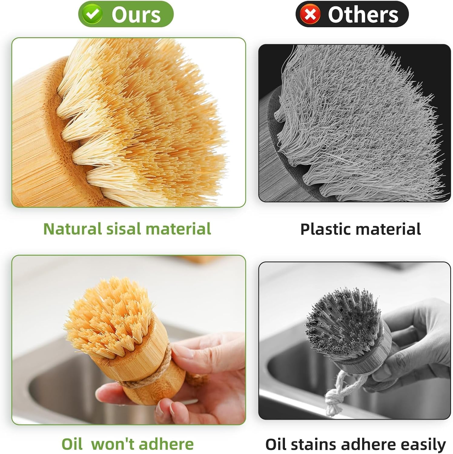 Bubble up Bamboo Dish Brush Set with Soap Holder, Wooden Dish Scrubber with Soap Dispenser, Natural Kitchen Scrub Brush, Washing Pot/Pans/Cast Iron, 2 Pack, Sisal + Coconut Palm Bristles