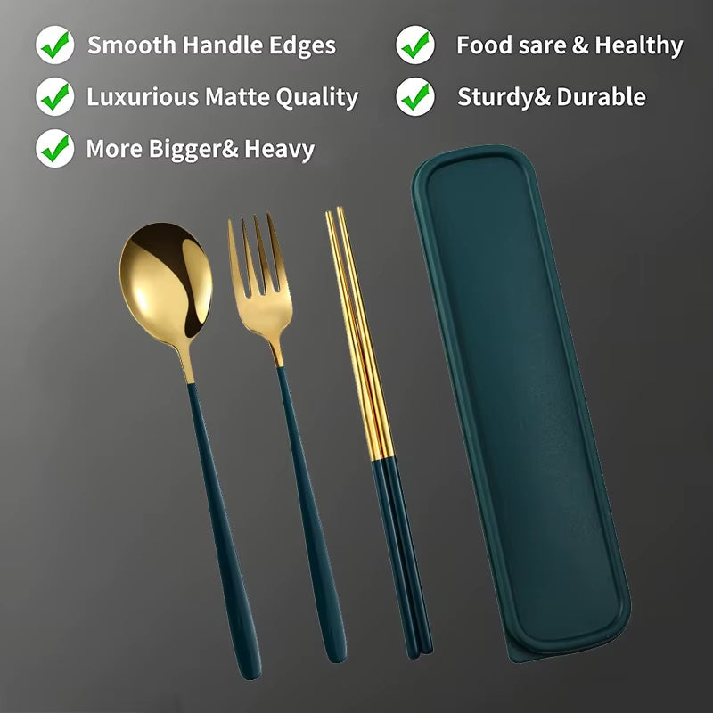Portable Stainless Steel Utensil Set - 3-Piece Spoon, Fork, Chopsticks for Travel, Camping, School Lunch, Korean Style Dining Ki