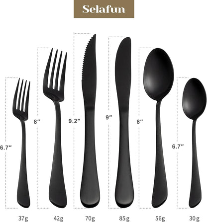 24 Piece Matte Black Flatware Set.Stainless Steel Matte Black Silverware Set Titanium Plating Tableware Cutlery Set. Utensil Set for Kitchens. Dishwasher Safe(Service for 4)