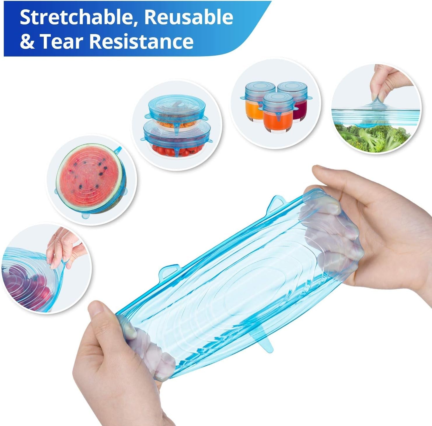 Silicone Stretch Lids, Zero Waste Reusable Silicon Container Lid Covers for Leftover Food Fruit Bowls Pots Cups Jars Dishes (6PCS, Blue)