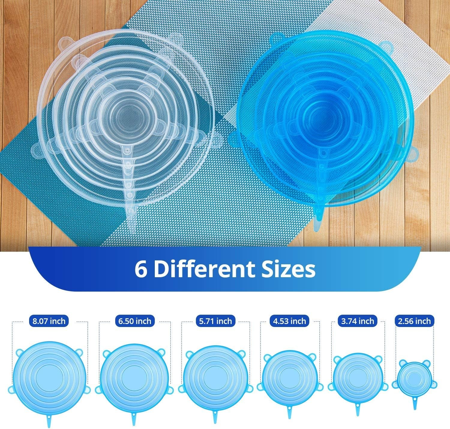 Silicone Stretch Lids, Zero Waste Reusable Silicon Container Lid Covers for Leftover Food Fruit Bowls Pots Cups Jars Dishes (6PCS, Blue)