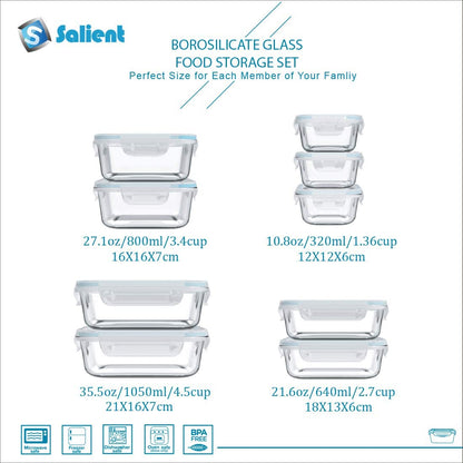 18 Piece Glass Food Storage Containers with Lids, Glass Meal Prep Containers, Food Storage Containers for Food Storage with Lids, BPA Free & Leak Proof (9 Lids & 9 Containers)