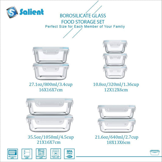 18 Piece Glass Food Storage Containers with Lids, Glass Meal Prep Containers, Food Storage Containers for Food Storage with Lids, BPA Free & Leak Proof (9 Lids & 9 Containers)