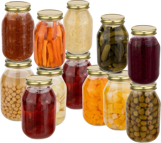 12 Pack of 32Oz Mayo Style Glass Mason Jars with Metal Leak Proof Lids for Pickling, Fermenting, Canning and Storing