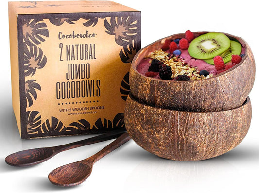 Coconut Bowl Set with Wooden Spoons – Eco-Friendly Acai Bowls, Yogurt Bowls & Smoothie Bowl – Ideal for Ninja Creami & Healthy Breakfasts (2, Natural)