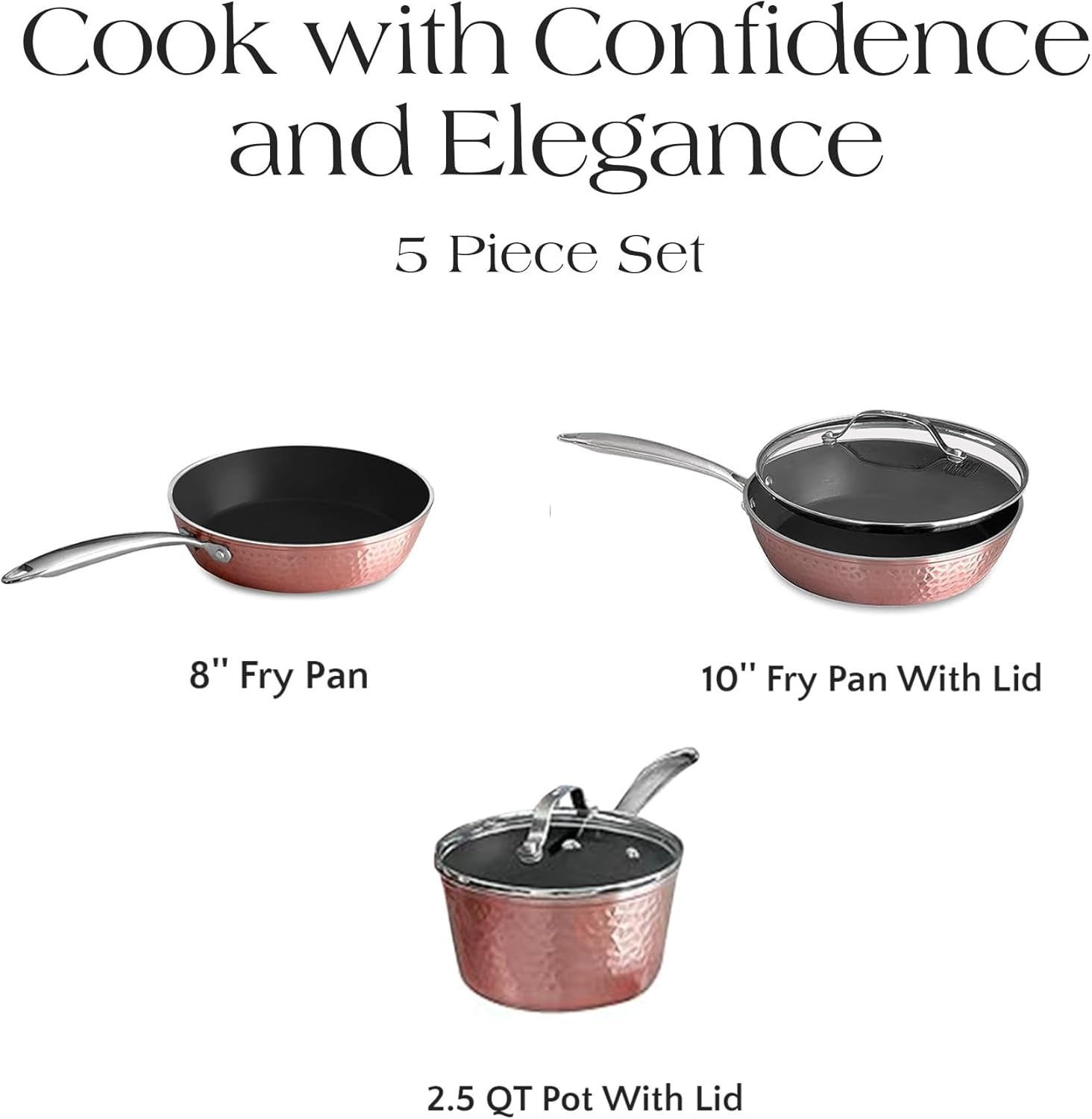 Luxurious Ceramic 5 Piece Rose Gold Cookware Set with Glass Lids, Lightweight, Scratch-Resistant, Dishwasher and Oven Safe up to 500°F