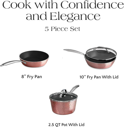 Luxurious Ceramic 5 Piece Rose Gold Cookware Set with Glass Lids, Lightweight, Scratch-Resistant, Dishwasher and Oven Safe up to 500°F