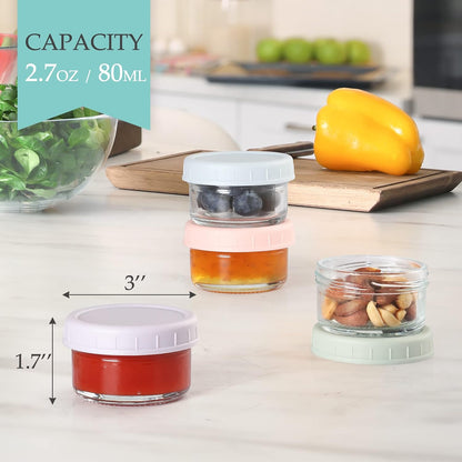 [6 Pack] Salad Dressing Container to Go, 2.7 Oz Glass Small Condiment with Lids, Dipping Sauce Cups Set, Leakproof Reusable for Lunch Box Work Trip.