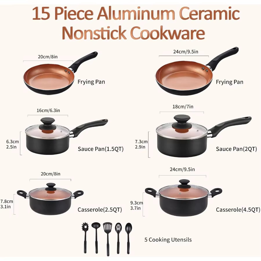 Ceramic Pots and Pans Set 15PCS Nonstick Set Ceramic Cookware Set for Home Kitchen Use Nonstick Pan Pots and Pans Set with Indu